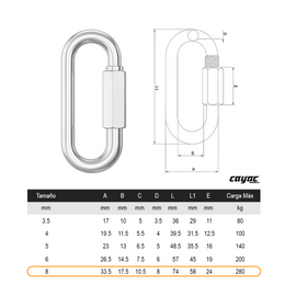 ESLABON RAPIDO C/TUERCA  8 mm 5/16 y 3" C/25 PIEZAS - 0