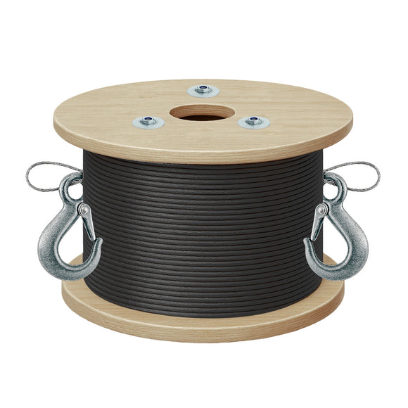 CABLE DE ACERO NYLON NEGRO 1/8-3/16" 7x19 150 m C/GANCHOS ESLINGA