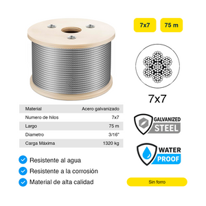CABLE DE ACERO     3/16"  7x7  75 m C/GANCHOS ESLINGA